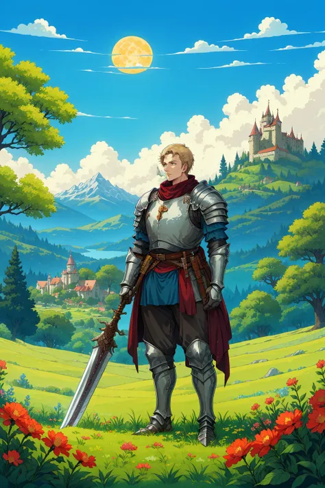 Masterpiece,best quality,HD,16k,armor,blue sky,bush,castle,cloud,cloudy sky,day,field,flower,flower field,forest,full moon,gauntlets,gloves,grass,lake,leaf,moon,mountain,mountainous horizon,nature,outdoors,pants,pine tree,plant,sky,standing,sun,tree,weapon,<lora:BlueRPGn8bu;:0.65>,