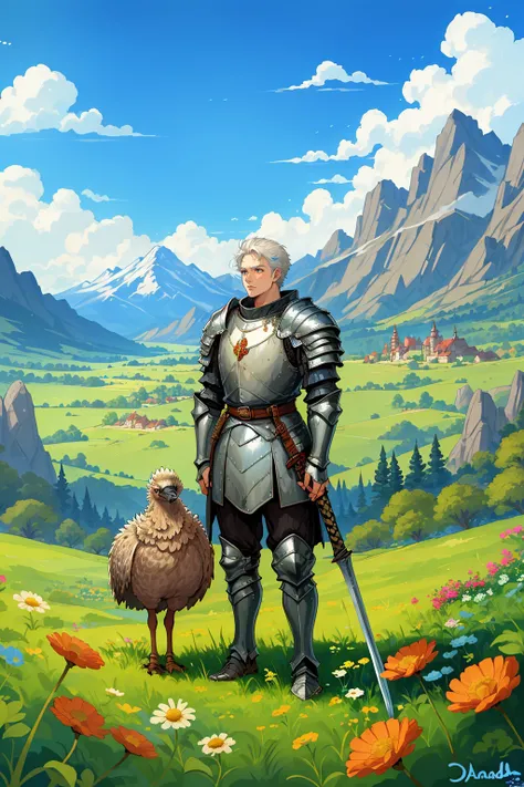 Boy,cute,big eyes,armor,ostrich,blue sky,white hair,clouds,daisies,dandelions,leaves,mountains,nature,rocks,scenery,sky,standing,weapons,contracting,HD,highest quality,masterpieces,<lora:BlueRPGn8bu;:0.65>,
