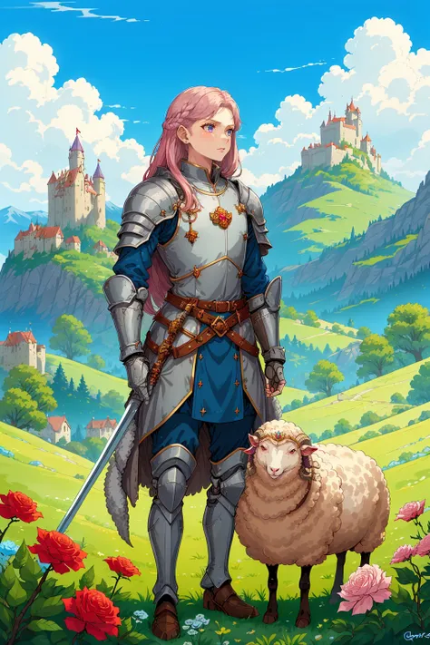 A girl, crown, cool, long hair, Mech, sheep, Jewel belt, blue sky, castle, cloud, cloudy sky, sky, field, mountain, outdoors, white flower, pink flower, purple rose, white rose, sky, solo, weapon,<lora:BlueRPGn8bu;:0.65>,