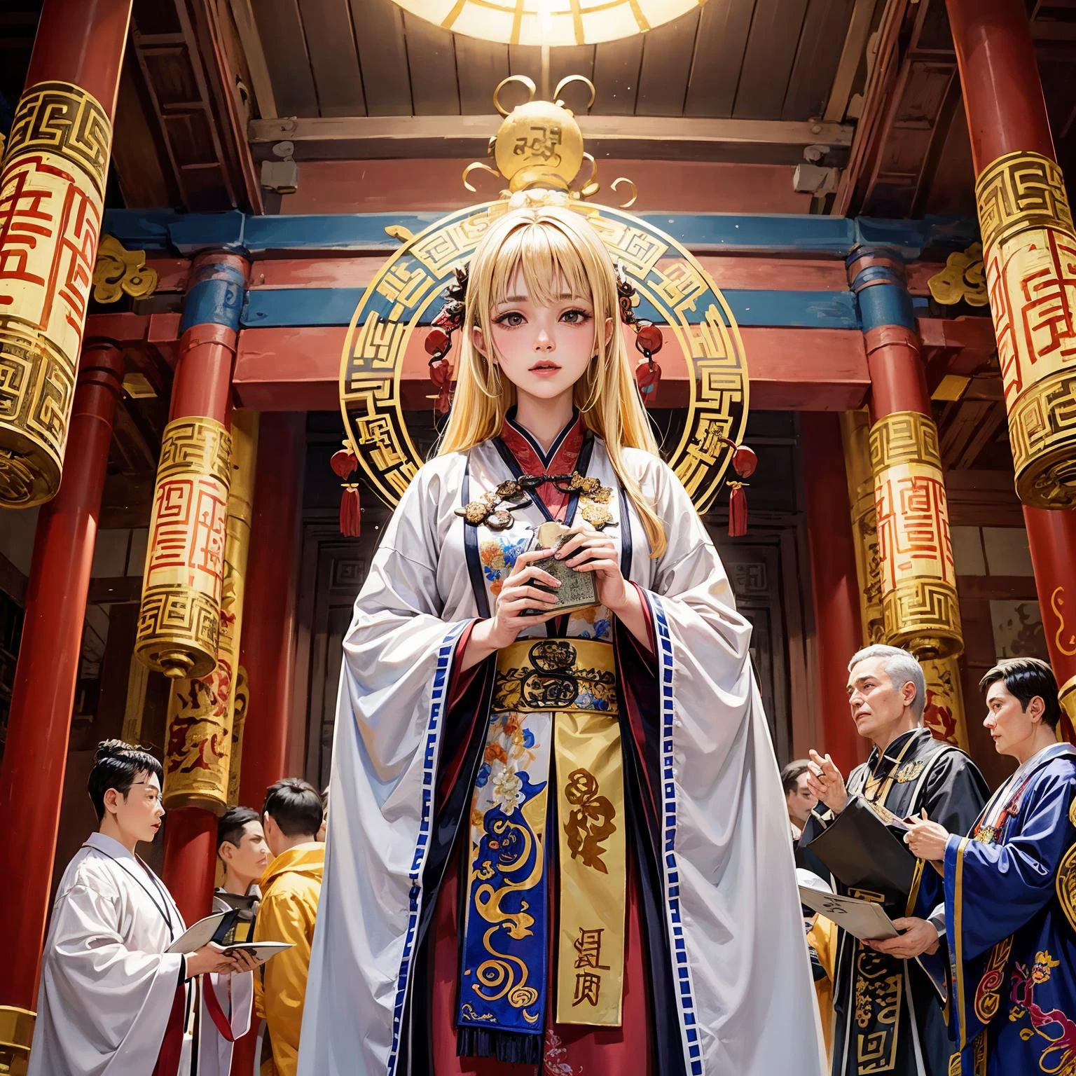 1girl, blonde hair, blunt bang, <lora:Daoist_Robe_v2-000003:0.45> (Daoist_Robe:1.3) , Ancient temple, air, aura, holding scroll, sorcerer's sutra scroll, scroll, indoor, temple, secret religious offering,