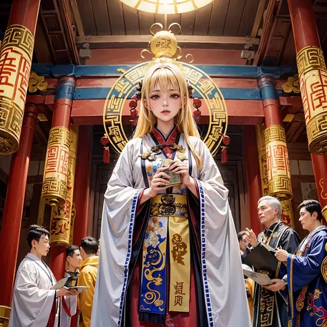 1girl, blonde hair, blunt bang,  <lora:Daoist_Robe_v2-000003:0.45> (Daoist_Robe:1.3) , Ancient temple, air, aura, holding scroll, sorcerer's sutra scroll, scroll, indoor, temple, secret religious offering,