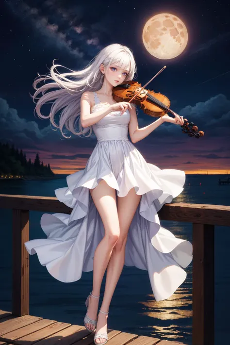 1girl,full body,white hair,long hair,purple eyes,slim body,slim legs,playing violin,white dress,night,moon,shootig star,cloud,lakeshore,