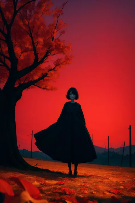 a girl standing under the dead tree,black and red palette,eerie,