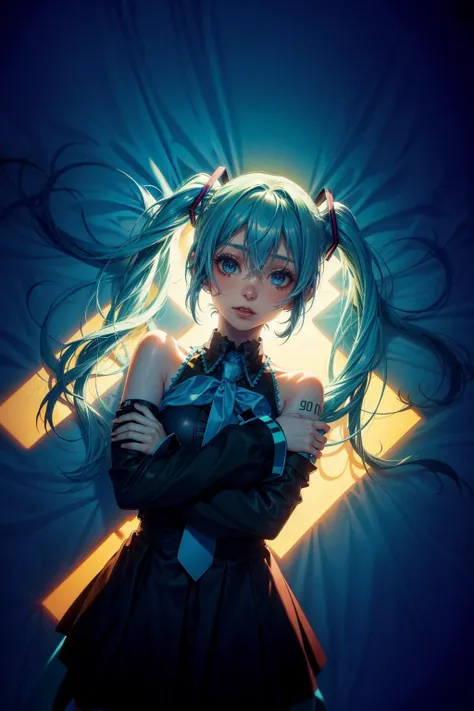 1girl,high quality,masterpiece,Hatsune Miku,twin tails,<lora:DarkLighting:0.55>,silhouette,spotlight,dark theme,upper body,