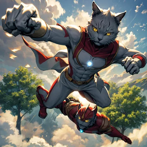 (Ultraman_Rise:1.5),(tokusatsu:1.3),(clenched hand:1.4),flying,fist,sky,from above,(tokusatsu:1.5),<lora:Ultraman_Rise_v2-000005:0.65>, <lora:Chartreux_38-000002:0.45> , 1cat, cat, (Chartreux:1.4), flying cat, flying, paw,