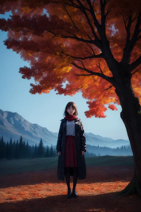 a girl standing under the dead tree,black and red palette,eerie,