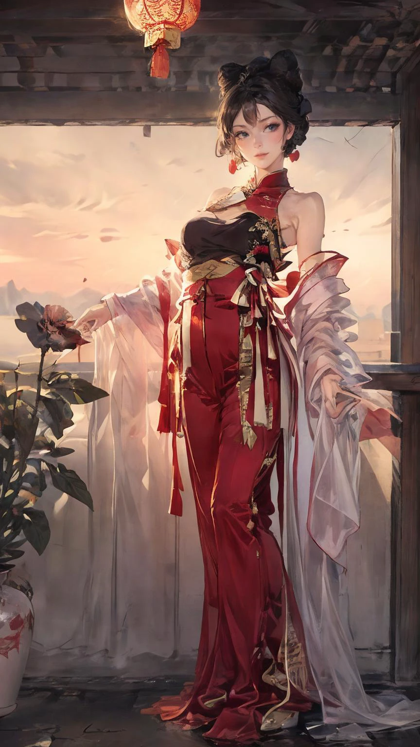 (Realistic),masterpiece,best quality,cinematic lighting,natural shadow,highest detail,professional photography,detailed background,depth of field,insane details,intricate,aesthetic,detailed face,subsurface scattering,looking at viewer,Fish-Eye Lens,
Chinese Brush Painting,monochrome,1girl,photo of a cute girl,full body,light smile,charming,20yo,Long layers Hair.Asymmetrical bangs,Deep purple hair,fluorescence,Songket,Lace,daji,red dress,chinese clothes,bare shoulders,Kissing,
<lora:add_detail:1>,<lora:Better light:1>,<lora:水墨1.5:0.8>,<lora:daji_v2:0.8>,<lora:flat2:1>,