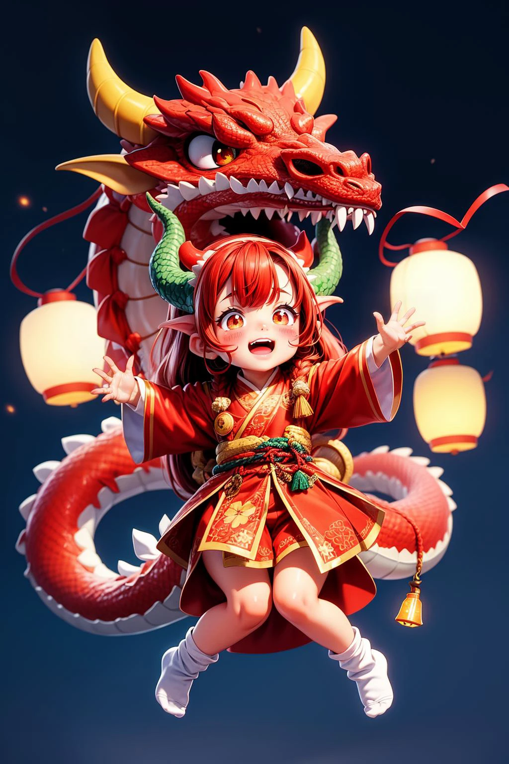 dragon,1girl,blush,cute,happy,dragon horns,red fleece robe,parted lips,red long hair,full body,cropped shoulder,white fluffy socks,<lora:éçå¨å¼ä¸çåèçå°é¾_V1.0:0.6>,laughing,lantern,jumping,firework background,