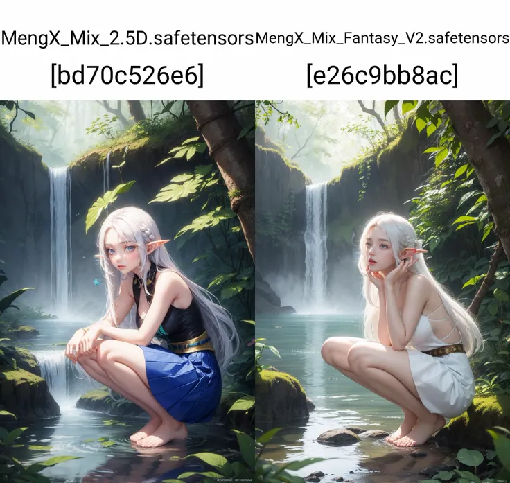 masterpiece,best quality,absurdres,illustration,watercolor,(color contrast:1.2),vivid color,
1girl,solo,long hair,white hair,elf,skirt,wading,sleeveless,barefoot,bare shoulders,crouching,looking at butterfly,
outdoors,forest,leaves,mud,branches,vines,creek,butterflies,waterfall,