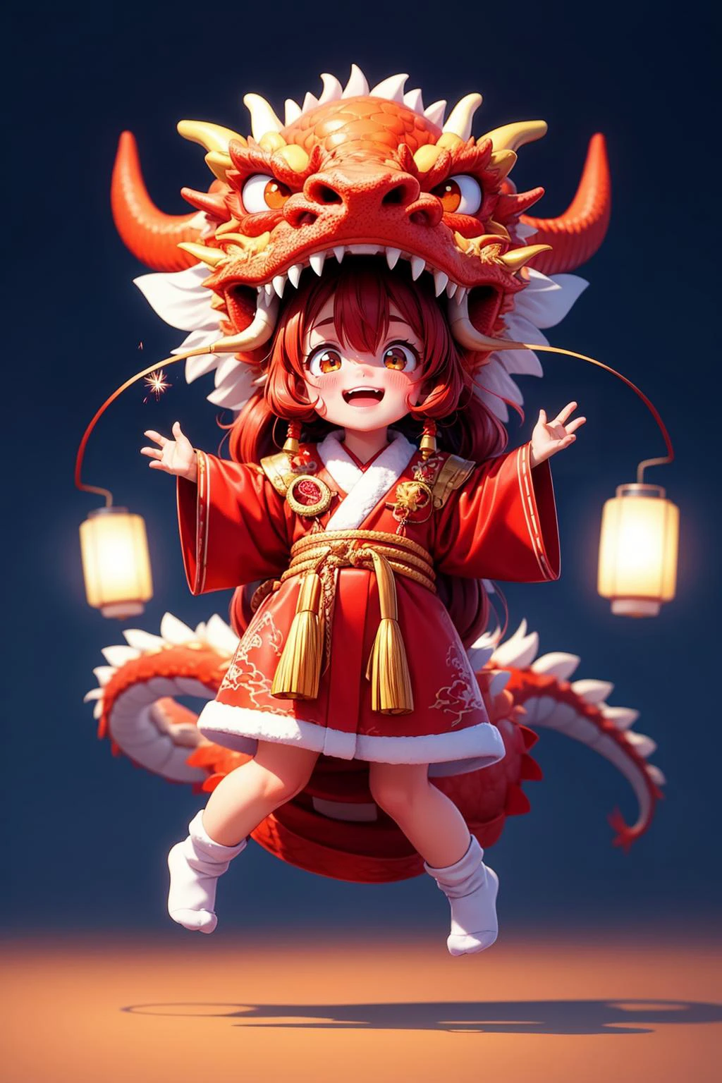 dragon,1girl,blush,cute,happy,dragon horns,red fleece robe,parted lips,red long hair,full body,cropped shoulder,white fluffy socks,<lora:éçå¨å¼ä¸çåèçå°é¾_V1.0:0.6>,laughing,lantern,jumping,firework background,