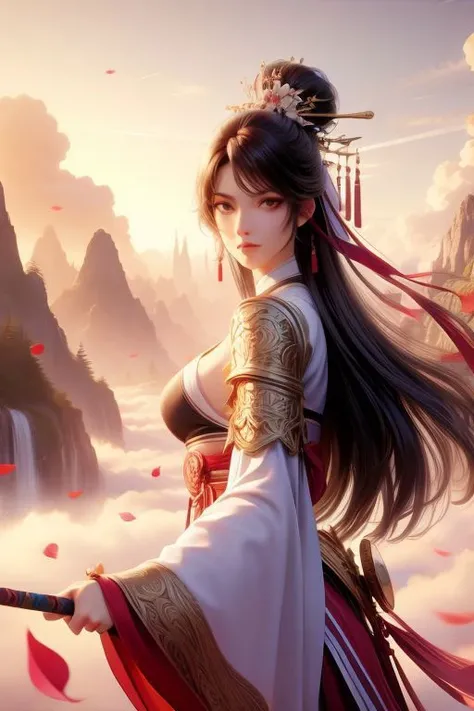 1girl, cowboy shot, long hair, hair flower, expressionless, looking at viewer, chinese dress, armor, petals falling, (masterpiece, top quality, best quality, deep focus, official art, beautiful and aesthetic:1.2), extreme detailed, soft nature lights, ultra realistic, 8k resolution, realistic,