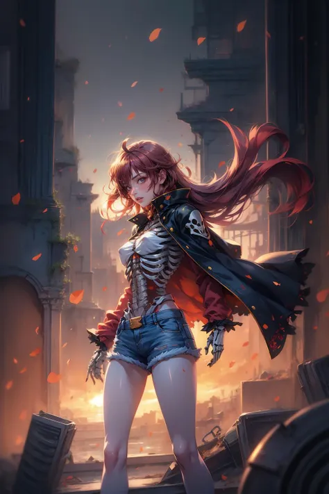 1girl,<lora:baigu:0.8>,skeletal,ruins,flame,dust,wind,long red hair,cowboy shot,black coat,hold a sword,sunset,golden lighting period,floating hair,denim_shorts,<lora:zoom_slider_v1:-5>,rubble_ruins,tower,war,