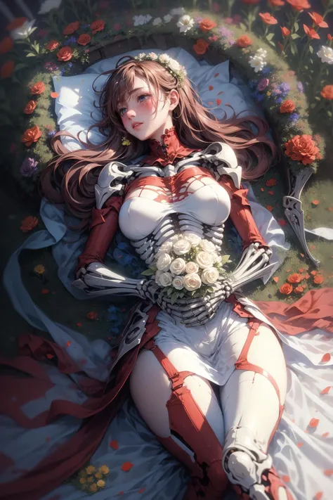 1girl,<lora:baigu:0.7>,skeletal,ruins,flame,dust,wind,long red hair,<lora:hypnoLora8-000012:0.8>,hypnoLora,empty eyes,cowboy shot,bridal veil,white wedding dress,holding_bouquet,white flower,lace,white glove,wedding,royal garden,lying on flower field,from above,