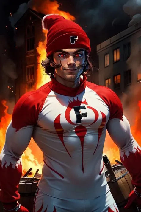 Heat, brown hair, red eyes,  muscular male, 
white and red body suit  with flames,  red beanie with letter F,   red gloves, 
solo, upper body, standing,  smile, 
burning building, windows, barrels, 
 (insanely detailed, beautiful detailed face, masterpiece, beautiful detailed eyes, best quality) 
 <lora:heat-10:0.7>