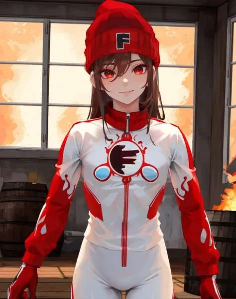 Heat, brown hair, red eyes, white and red body suit, red beanie with letter F, gloves,
solo, standing, upper body, smile, from behind, large breasts,
windows, flame barrels, indoors,
(insanely detailed, beautiful detailed face, masterpiece, beautiful detailed eyes, best quality)
<lora:heat-10v6:0.7>