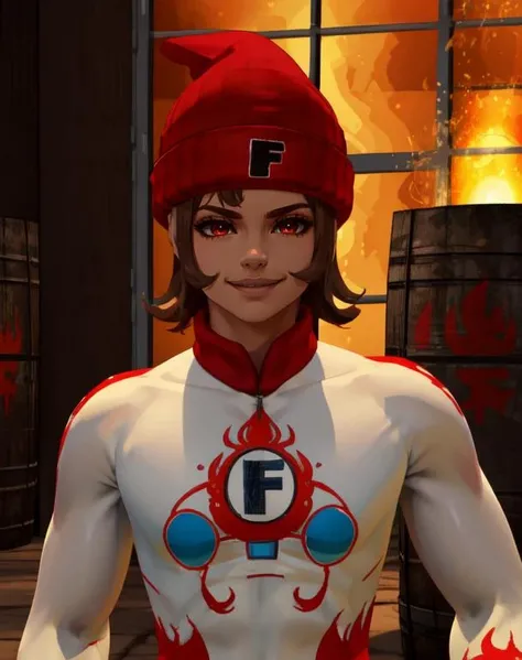 Heat, brown hair, red eyes, white and red body suit with flames, red beanie with letter F, red gloves,
solo, standing, smile,
burning building, windows, barrels, indoors,
(insanely detailed, beautiful detailed face, masterpiece, beautiful detailed eyes, best quality)
<lora:heat-10v6:0.8>