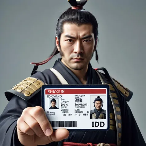 a shogun holding a shogun  id card,<lora:seemycard3:0.8>