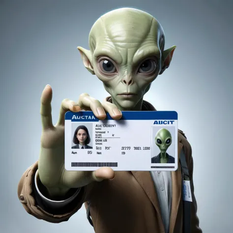 a Alien holding a student card,<lora:seemycard3:0.8>