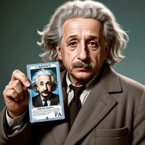 a Albert Einstein holding a Illuminati card,<lora:seemycard3:0.8>