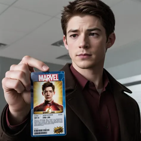 a Barry Allen holding a Marvel card,<lora:seemycard3:0.8>