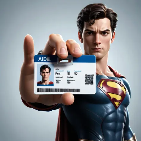 a super man  holding a id card,<lora:seemycard3:0.8>