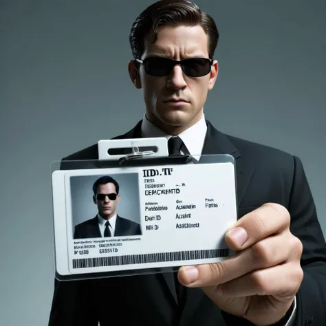 a mib holding a id card,<lora:seemycard3:0.8>