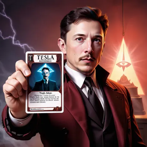 a Tesla holding a Illuminati card,<lora:seemycard3:0.8>