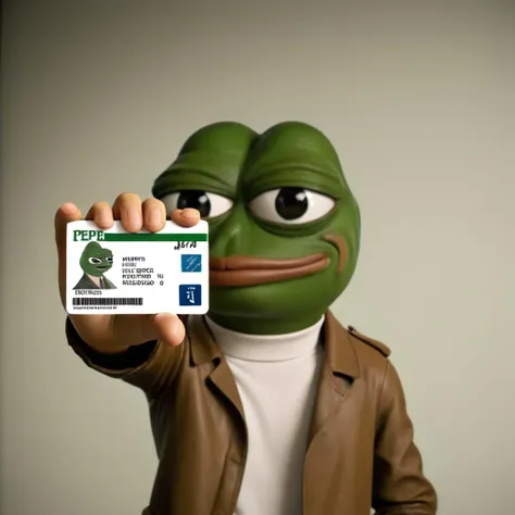 a pepe holding a student card,<lora:seemycard3:0.8> <lora:pepe_frog SDXL:0.8> pepe_frog