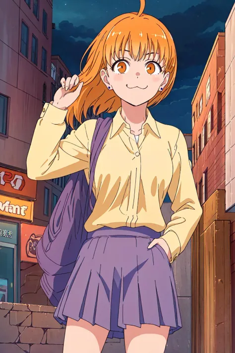 (exceptional, best aesthetic, new, newest, best quality, masterpiece, extremely detailed),<lora:Yoshi_V2:0.65>,Yoshi, 1girl, :3, jewelry, earrings, ahoge, solo, blonde hair, orange hair, orange eyes, smile,((perfect female body)), cowboy shot, smug, :3,school uniform, city street, hand in pocket, nighttime