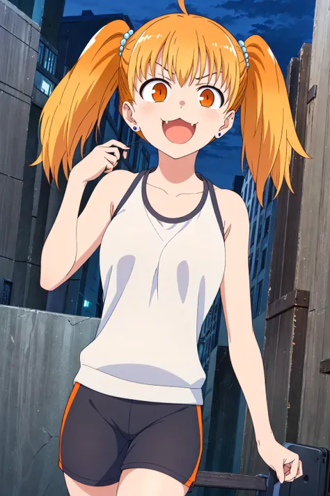 (exceptional, best aesthetic, new, newest, best quality, masterpiece, extremely detailed),<lora:Yoshi_V2:0.65>,Yoshi, 1girl, :3, twintails, jewelry, earrings, ahoge, solo, blonde hair, orange hair, orange eyes, smile,((perfect female body)), cowboy shot, smug, evil smile, open mouth, black tank top, gym shorts, city street, nighttime