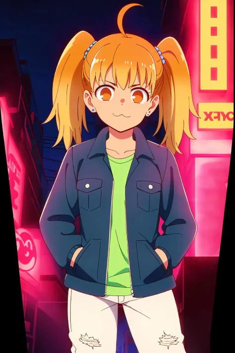 ((best quality)),((highly detailed)),masterpiece,absurdres,detailed face,beautiful face,(detailed eyes, deep eyes),(1girl),((dynamic pose)), <lora:YoshiV1.4:0.7>Yoshi, :3, jewelry, earrings, blonde hair, orange hair, orange eyes,twintails,ahoge, walking, at night, (eyes looking away from the viewer:1.3, looking away from viewer:1.3), black jacket, ripped jeans, hands in pocket, nighttime, city streets, neon signs, crowd behind,