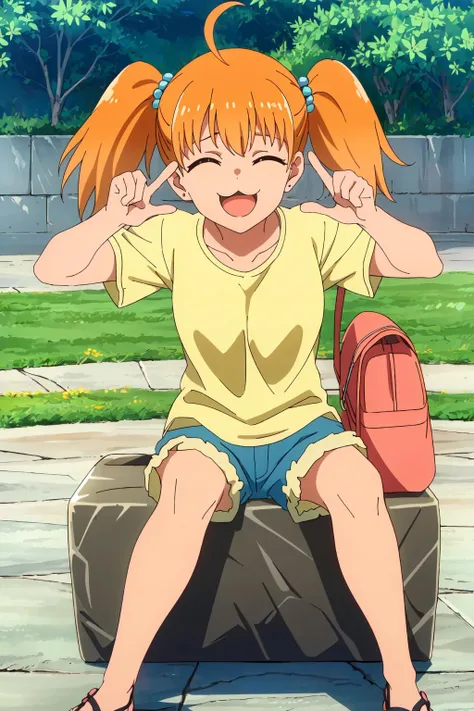 ((best quality)),((highly detailed)),masterpiece,absurdres,detailed face,beautiful face,(detailed eyes, deep eyes),(1girl),((dynamic pose)), <lora:YoshiV1.4:0.7>Yoshi, 1girl, solo, closed eyes, twintails, sandals, sitting, shorts, ahoge, open mouth, smile, bag, orange hair, :3, hair bobbles, shirt, outdoors