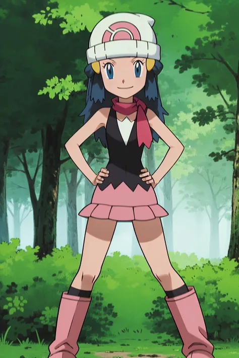 masterpiece, best quality, 1girl, dawn \(pokemon\), beanie, long hair, blue hair, blue eyes, black sleeveless shirt, pink scarf, pink skirt, pink boots, hands on hips, smile, looking at viewer, forest background <lora:Dawn:1>