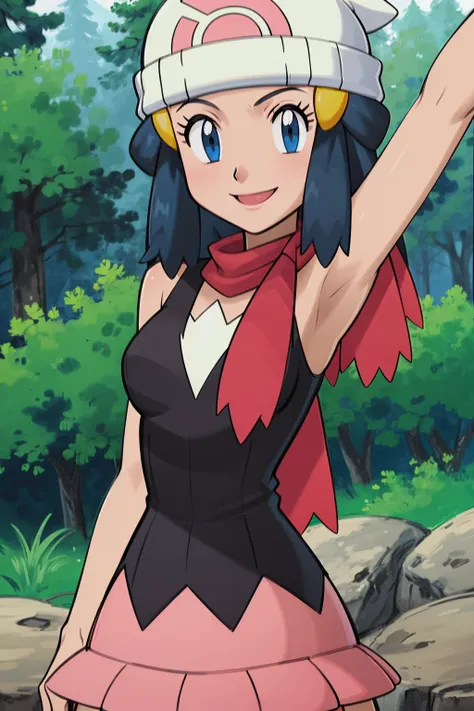 masterpiece, best quality, 1girl, dawn \(pokemon\), beanie, long hair, blue hair, blue eyes, black sleeveless shirt, pink scarf, pink skirt, upper body focus, smile, looking at viewer, forest background <lora:Dawn:1>