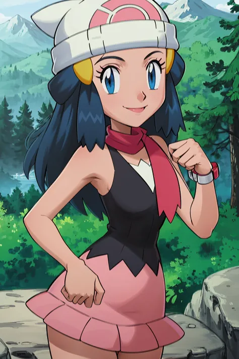 masterpiece, best quality, 1girl, dawn \(pokemon\), beanie, long hair, blue hair, blue eyes, black sleeveless shirt, pink scarf, pink skirt, upper body focus, smile, looking at viewer, forest background <lora:Dawn:1>