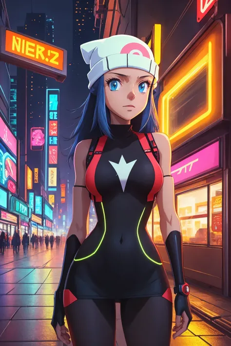 masterpiece, best quality, 1girl, dawn \(pokemon\), beanie, long hair, blue hair, blue eyes, looking at viewer, cyberpunk city background, night, neon light <lora:Dawn:1>