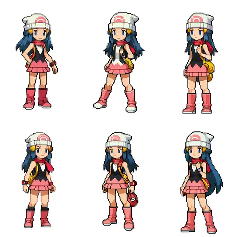 (white background:1.4),simple background,<lora:pixel_f2:0.5>,pixel,pixel art,
1girl, dawn \(pokemon\), beanie, long hair, blue hair, blue eyes, black sleeveless shirt, pink scarf, pink skirt, pink boots, yellow bag, red watch, solo, standing <lora:Dawn:1>
