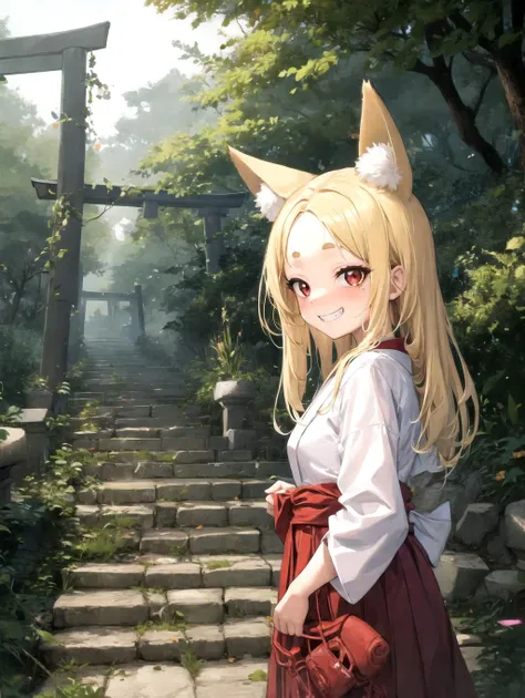 absurdres, highres, cowboy shot, female focus, outdoors, torii, stone stairs, forest,
miko, (red hakama:1.2), hikimayu, forehead, japanese clothes, red eyes, big eyes, fox ears, blonde hair, long hair, fox tail, looking at viewer, naughty face, grin, depth of field,
<lora:hikimayu_22222_16:1> <lora:LECO_LessWakiMiko:1>