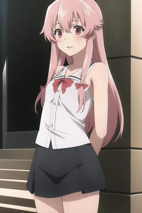 1girl, ichinose honami, ((erröted)), ((gefesselte Handgelenke, Ankle with rope)), ((Arms behind the back)), ((??????? over clothing)), 4k quality, verlegener gesichtsausdruck, anatomisch perfekt, white skirt, blushes, classroom in the background, (((stehend))), twintails