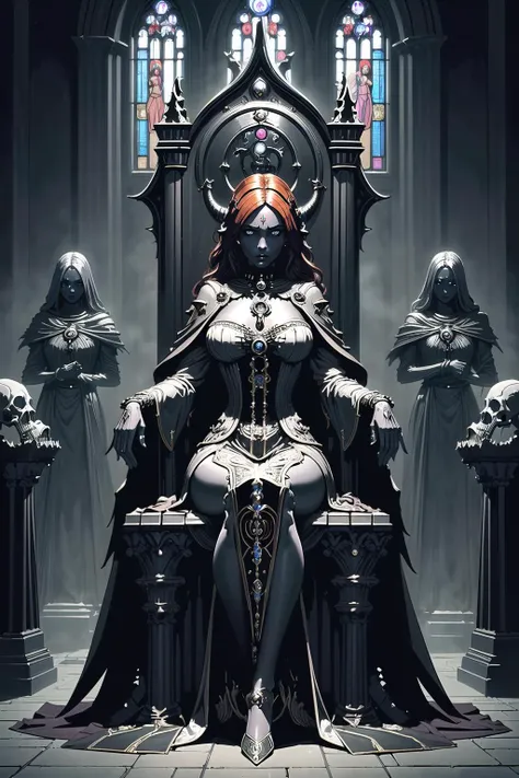 (masterpiece, best_quality, ultra-detailed, immaculate:1.3), epic, illustration, 1girl, (full body:1), malevolent goddess, (very high collar:1), (african, dark skin:0.6), (Eerie mist,Throne of bones,Foreboding statues:1.3),In a Gothic cathedral with stained glass windows, in a laboratory, bombshell hair, muted auburn hair, parted bangs,Scene Hair, animal pose