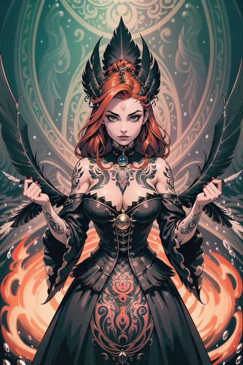 (masterpiece, best_quality, ultra-detailed, immaculate:1.3), epic, illustration, 1girl, feet out of frame, evil queen, (high collar:1.3),(intricate tattoos:1.3),(flowing dress:1), , (Black feathers,Bubbling cauldron:1.3),In a magical, swirling vortex of dark energy, in spring, sky Japan, bombshell hair, deep red-orange hair, Faux Hawk,braid, standing