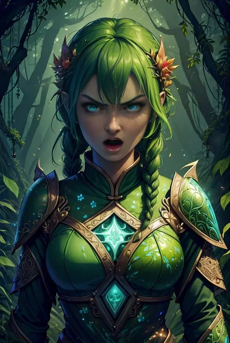 (fantasy art illustration:1.3), 1girl, (Guo Shen (God of the Waters), Chinese goddess: 1), octokuro, sfw, (best quality, masterpiece), <lora:tangbohu-detailer_1.0:0.8> 1 girl, adult (elven:0.7) woman, freckles, hazel eyes, ginger braided hairstyle, Style-GravityMagic, solo, upper body, looking at viewer, detailed background, detailed face, (<lora:BiophyllTech:0.6>, bioluminescent, BiophyllTech theme:1.1) glowing eyes, verdant-champion, leaf armor, blending of ivy with armor, rusted armor, flower helm, green magical lights, walking, graceful, green runes, lit-up green mystical symbols etched in armor, magical plant growth, tangled roots in background, magical haze, filtered light, eerie atmosphere, vibrant colors, candlelight, (motion lines:1.3), (eye level shot, medium shot:1.3), front view, upper body view, looking at the viewer, (angry, open mouth, yelling:1.3), jade eyes, (sexy, hot, attractive:1.3), charming, (intricate details:1.3)
