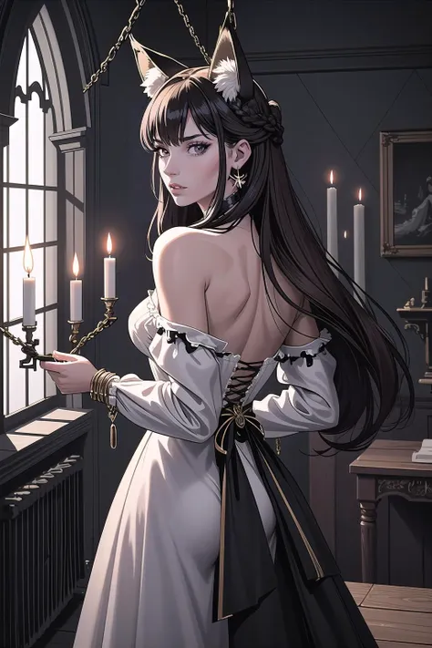 victorianfoxgirl, tall, slim, delicate features, from behind, squat, multiple girls, (masterpiece, best_quality, ultra-detailed, immaculate:1.3), epic, illustration, 1girl, (full body:1), malevolent goddess, (flowing dress:1), albino, (Black candles,shackles hanging from the walls:1.3),In a stormy castle tower, in an immaculate, abandoned artifact storage room, bombshell hair, muted auburn hair, braid, wing hug<lora:EnvyElfMix:1>