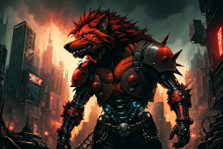(Red XIII (Nanaki):1.2) from (FFVII:1.1) as a cybernetic wolf, mechanical body parts, (punk mane:1.1), warpaint, dystopian cyberpunk background, detailed, sharp, HD, HDR, masterpiece, best quality, best resolution, dramatic, cinematic lighting, depth of field