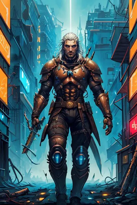 Largeshot of (Gerald of Rivia:1.2) from Witcher as an android, Henry Cavill, male, long white hair half up, (monster hunter outfit:1.1), cybernetic body part, dynamic hero pose, slowmotion, dystopian city background, neon signs, <lora:methurlant:1> methurlant, <lora:WorldofLight:0.5> worldoflight, detailed, sharp, HD, HDR, masterpiece, best quality, best resolution, dramatic, cinematic lighting, depth of field, sfw, full outfit