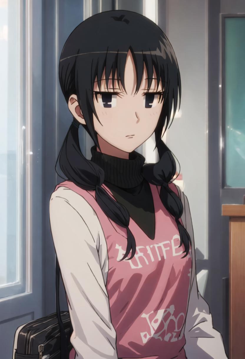 Anime girl with black hair and a pink shirt standing in front of a ...