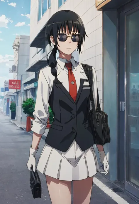 best quality, masterpiece, highres, solo, {uomi_chihiro_seitokaiyakuindomo:0.90}, {black business suit:1.40}, {tie:1.20}, {sunglasses:1.25}, {white gloves:1.15}, {white shirt:1.10}, {black skirt:1.15}, {smoking:1.20}, handsome