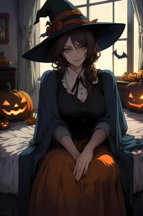 (highres,absurdres,incredibly absurdres,huge filesize,Volumetric Lighting,moody lighting,Halloween, bedroom, sitting, looking at viewer, Halloween decoration, Pumpkins, ghost plushies, spider plushies, zombie plushies),
1girl, cute, brown hair, blue eyes, witch costume, smiling, witch hat,