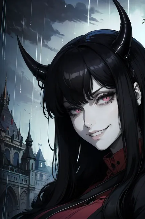 (outside, scary castle, raining, evening, soft light, dim lit, moody vibe, horror \(theme\), ), (insanely detailed, beautiful detailed face, masterpiece, best quality), 1girl, succubus, demon girl, mature female, (black hair), pink eyes, grin, smirk, demon horns, black tail, black demon wings,