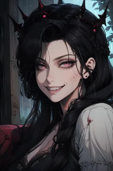 (outside, forrest, rainning, evening, soft light, dim lit, moody vibe), (insanely detailed, beautiful detailed face, masterpiece, best quality), succubus, demon girl, mature female, black hair, pink eyes, grin, smirk, black crown, crown braid, blood drooling from mouth, vampire fangs,